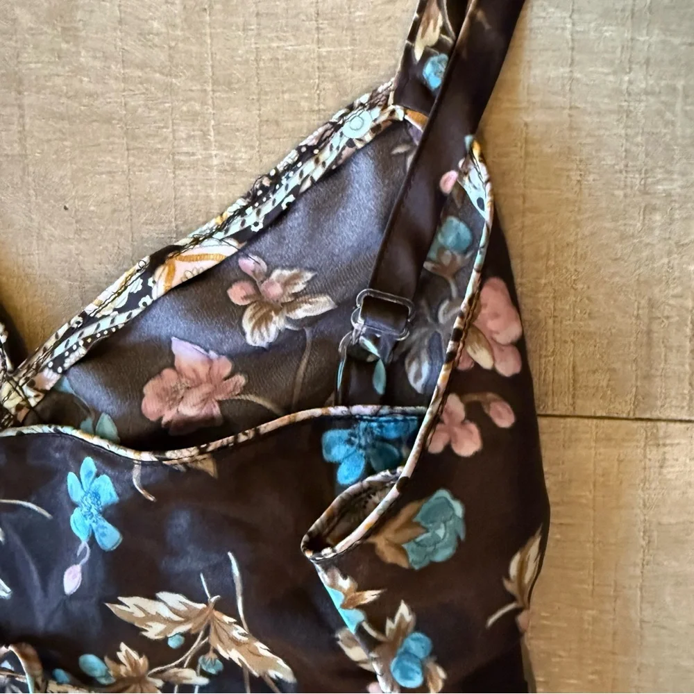 VTG Adonna chocolate Brown Floral satin slip Dress tie front back size large Y2K